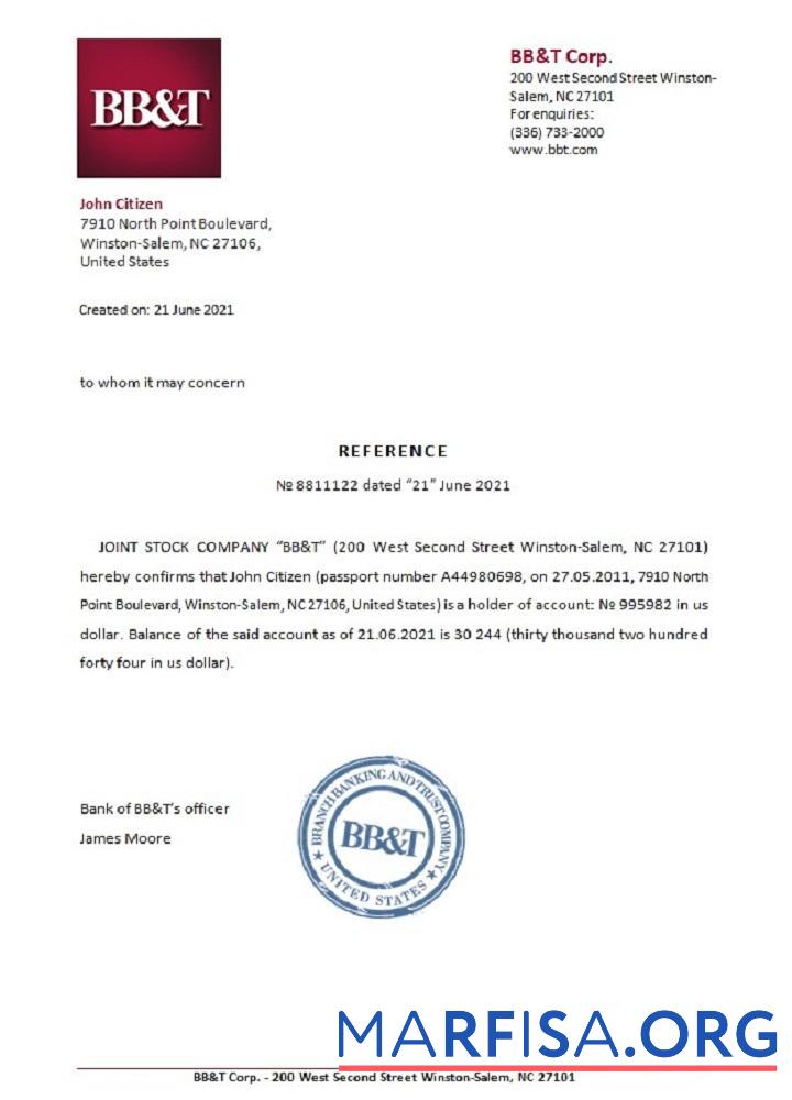 Printable USA BB&T reference download for verification